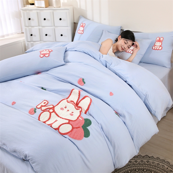 优米家纺 2025新款A类水洗棉毛巾绣四件套-桃子兔 桃子兔-天空蓝