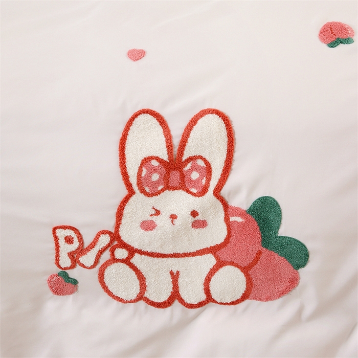 91家纺网 家纺一手货源 找家纺 优米家纺 2025新款A类水洗棉毛巾绣四件套-桃子兔 桃子兔-月光白