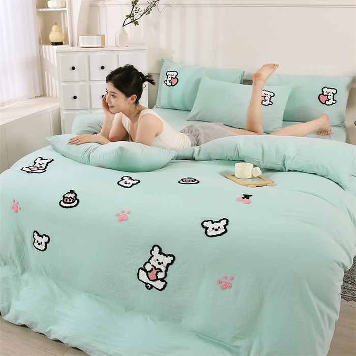 91家纺网 家纺一手货源 找家纺 （总）优米家纺 2025新款A类水洗棉毛巾绣四件套-可爱小狗