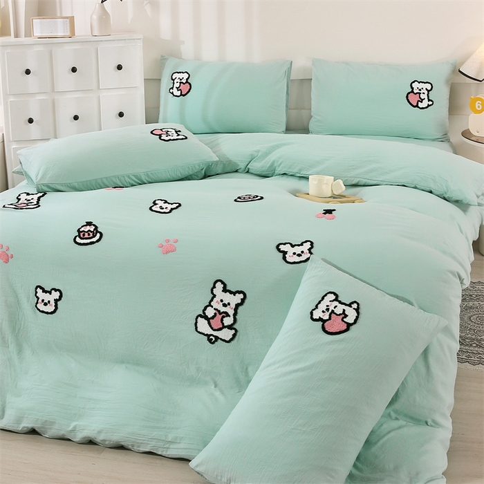 91家纺网 家纺一手货源 找家纺 优米家纺 2025新款A类水洗棉毛巾绣四件套-可爱小狗 可爱小狗-青草绿