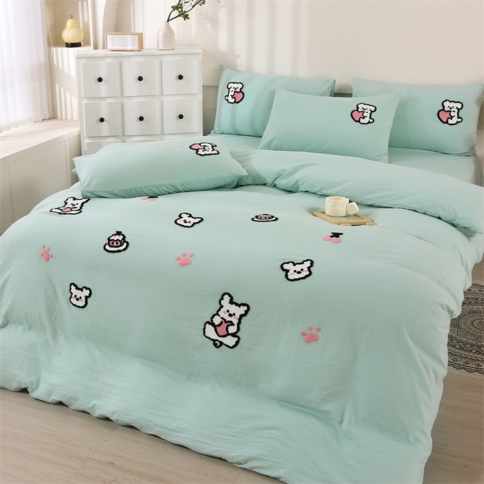 91家纺网 家纺一手货源 找家纺 优米家纺 2025新款A类水洗棉毛巾绣四件套-可爱小狗 可爱小狗-青草绿