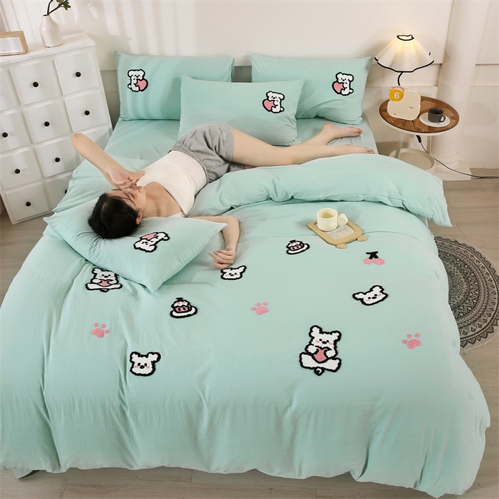 91家纺网 家纺一手货源 找家纺 优米家纺 2025新款A类水洗棉毛巾绣四件套-可爱小狗 可爱小狗-青草绿