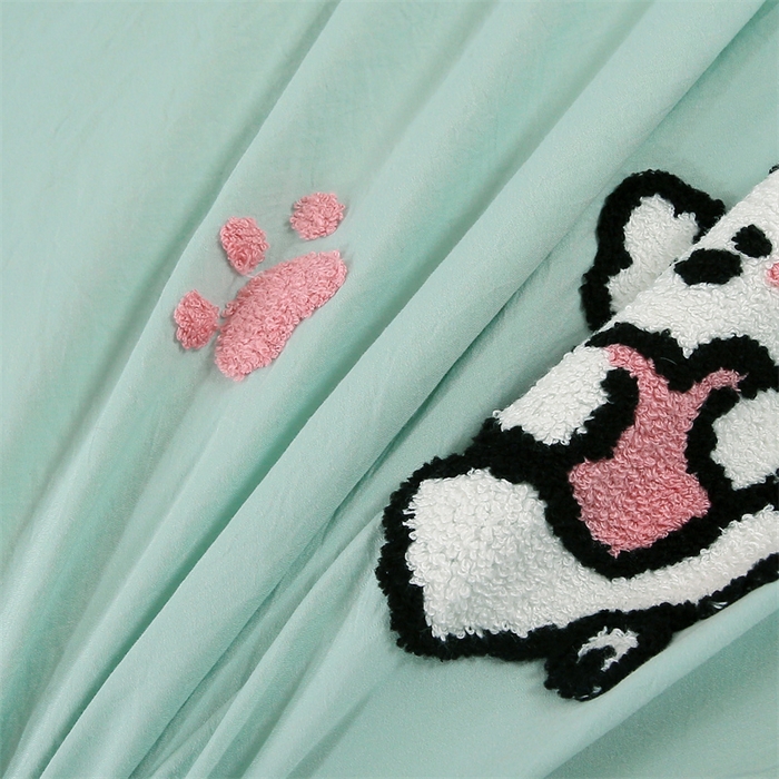 91家纺网 家纺一手货源 找家纺 优米家纺 2025新款A类水洗棉毛巾绣四件套-可爱小狗 可爱小狗-青草绿