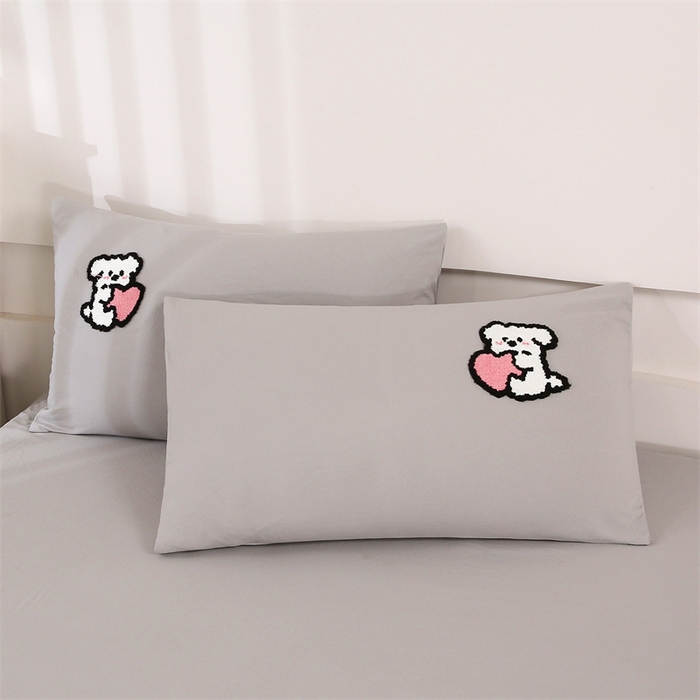 91家纺网 家纺一手货源 找家纺 优米家纺 2025新款A类水洗棉毛巾绣四件套-可爱小狗 可爱小狗-绅士灰