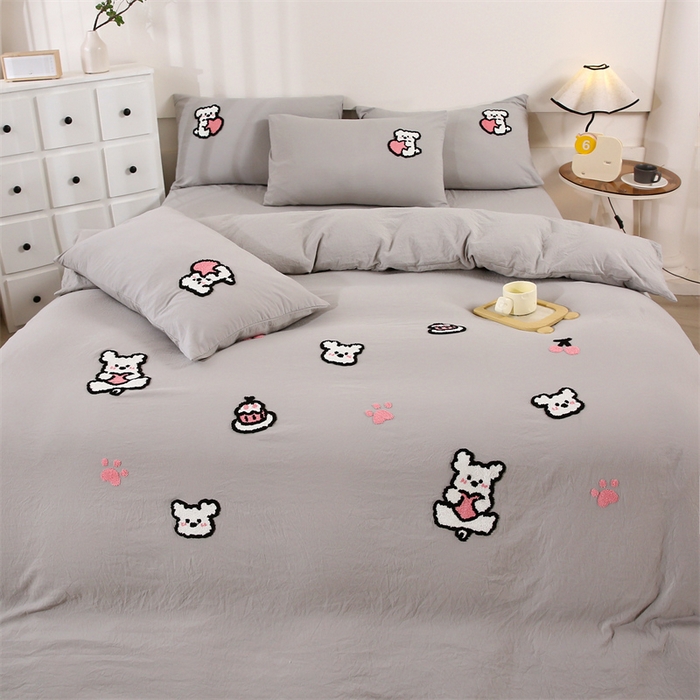 91家纺网 家纺一手货源 找家纺 优米家纺 2025新款A类水洗棉毛巾绣四件套-可爱小狗 可爱小狗-绅士灰