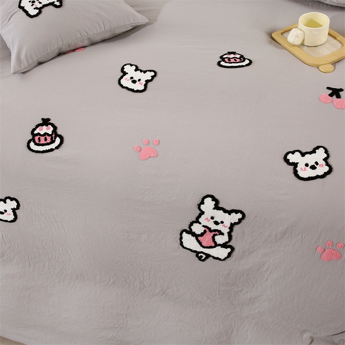 91家纺网 家纺一手货源 找家纺 优米家纺 2025新款A类水洗棉毛巾绣四件套-可爱小狗 可爱小狗-绅士灰