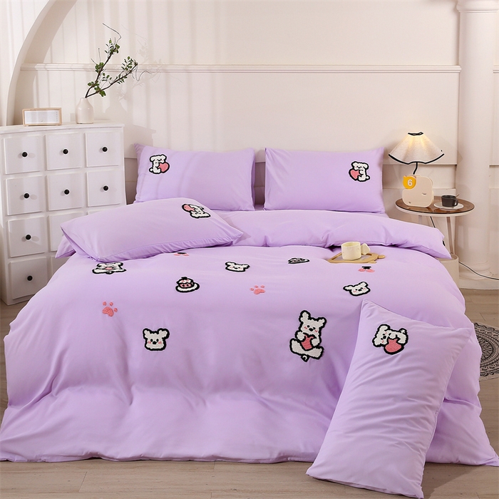 优米家纺 2025新款A类水洗棉毛巾绣四件套-可爱小狗 可爱小狗-神秘紫