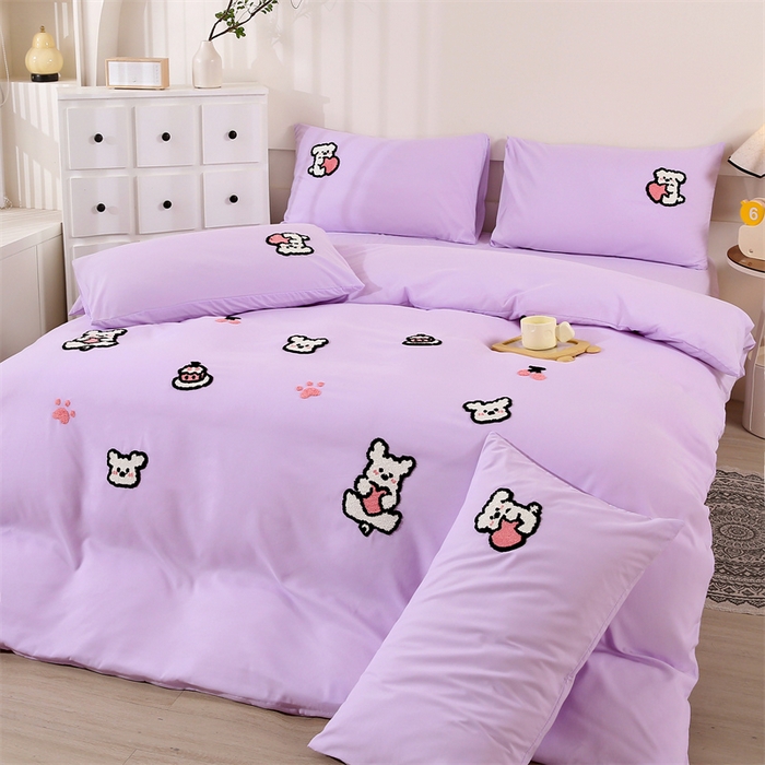 91家纺网 家纺一手货源 找家纺 优米家纺 2025新款A类水洗棉毛巾绣四件套-可爱小狗 可爱小狗-神秘紫