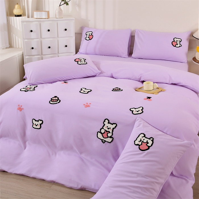 91家纺网 家纺一手货源 找家纺 优米家纺 2025新款A类水洗棉毛巾绣四件套-可爱小狗 可爱小狗-神秘紫