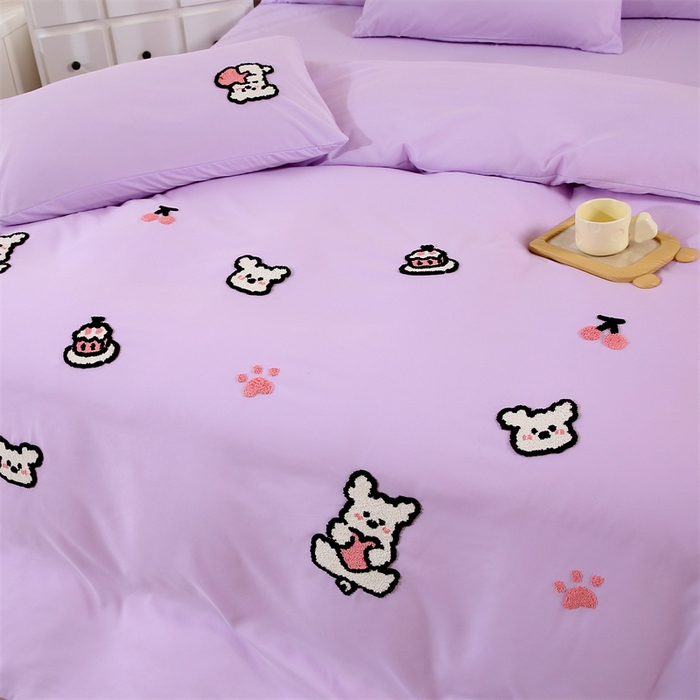 91家纺网 家纺一手货源 找家纺 优米家纺 2025新款A类水洗棉毛巾绣四件套-可爱小狗 可爱小狗-神秘紫