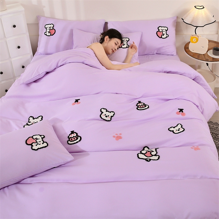 91家纺网 家纺一手货源 找家纺 优米家纺 2025新款A类水洗棉毛巾绣四件套-可爱小狗 可爱小狗-神秘紫