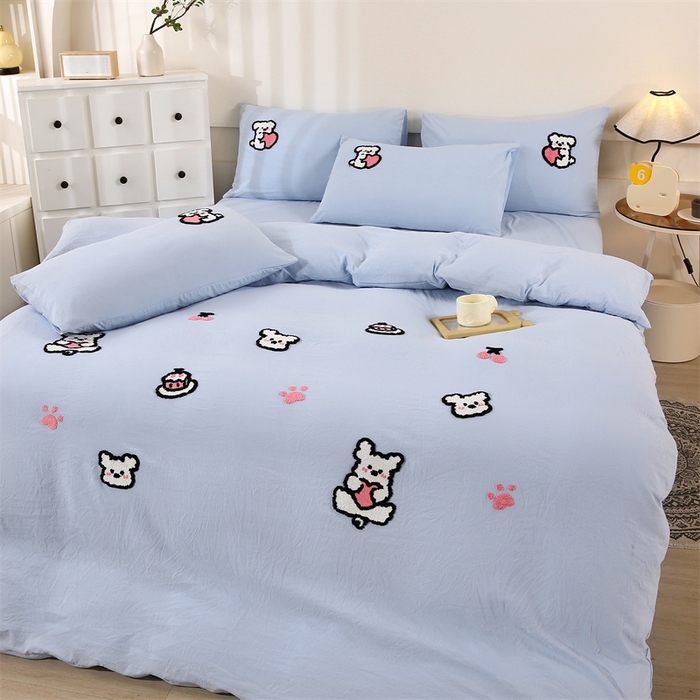 91家纺网 家纺一手货源 找家纺 优米家纺 2025新款A类水洗棉毛巾绣四件套-可爱小狗 可爱小狗-天空蓝