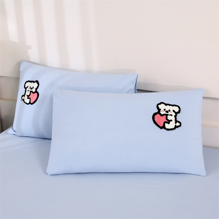 91家纺网 家纺一手货源 找家纺 优米家纺 2025新款A类水洗棉毛巾绣四件套-可爱小狗 可爱小狗-天空蓝