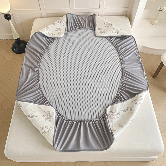 91家纺网 家纺一手货源 找家纺 柒月家居 2025新款小清新印花冰藤系列凉席席子-床笠款 花蔓