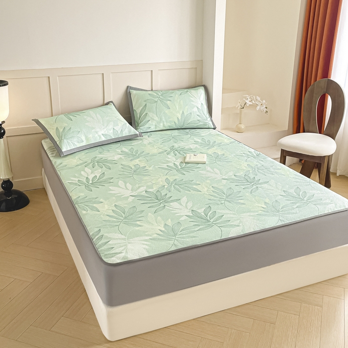 91家纺网 家纺一手货源 找家纺 柒月家居 2025新款小清新印花冰藤系列凉席席子-床笠款 风华-绿