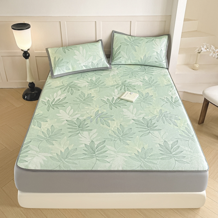 91家纺网 家纺一手货源 找家纺 柒月家居 2025新款小清新印花冰藤系列凉席席子-床笠款 风华-绿