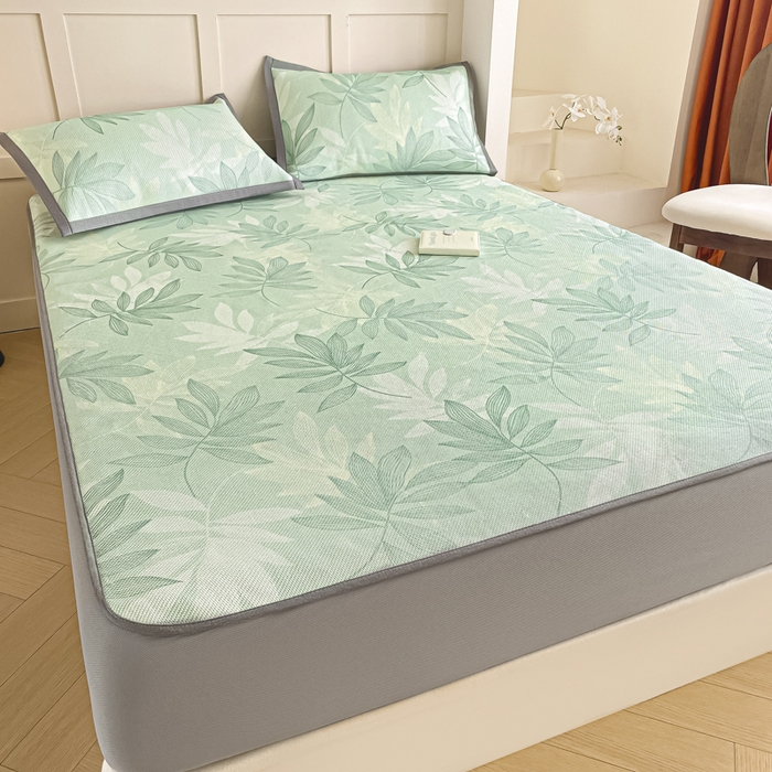 91家纺网 家纺一手货源 找家纺 柒月家居 2025新款小清新印花冰藤系列凉席席子-床笠款 风华-绿