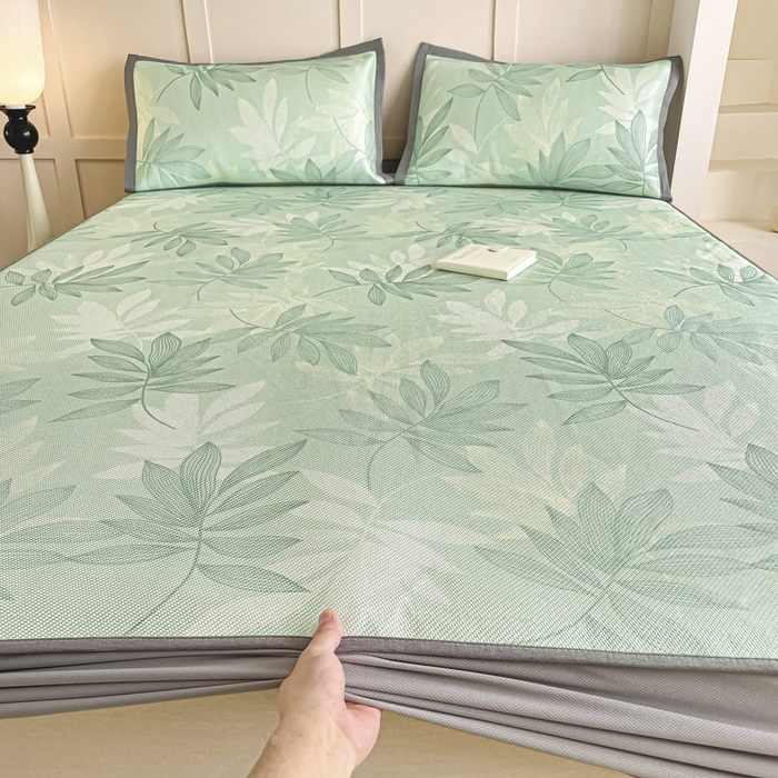 91家纺网 家纺一手货源 找家纺 柒月家居 2025新款小清新印花冰藤系列凉席席子-床笠款 风华-绿