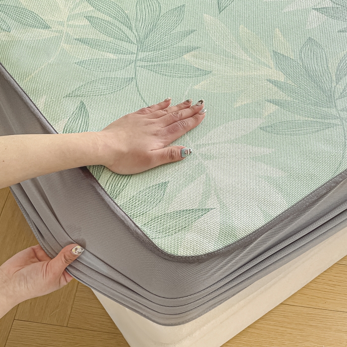 91家纺网 家纺一手货源 找家纺 柒月家居 2025新款小清新印花冰藤系列凉席席子-床笠款 风华-绿