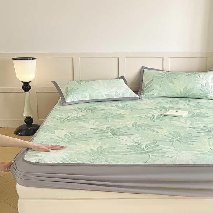 91家纺网 家纺一手货源 找家纺 柒月家居 2025新款小清新印花冰藤系列凉席席子-床笠款 风华-绿