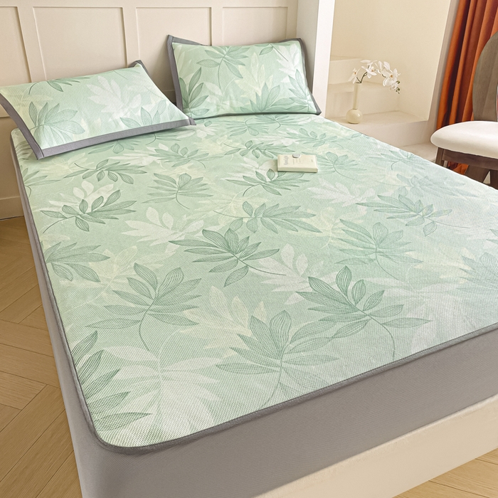 91家纺网 家纺一手货源 找家纺 柒月家居 2025新款小清新印花冰藤系列凉席席子-床笠款 风华-绿