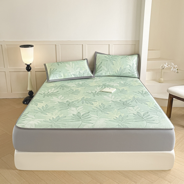 91家纺网 家纺一手货源 找家纺 柒月家居 2025新款小清新印花冰藤系列凉席席子-床笠款 风华-绿