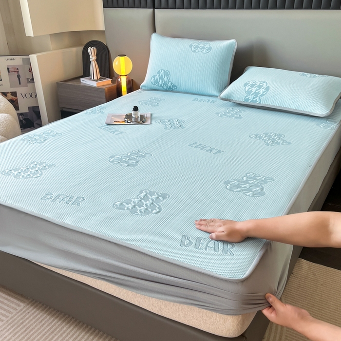 子曰 2025春夏新款A类中分子430gPE聚乙烯乙纶凉豆豆凉席-床笠款 快乐熊-蓝