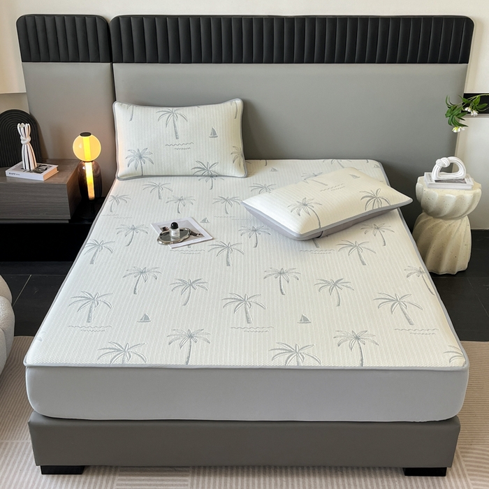 91家纺网 家纺一手货源 找家纺 子曰 2025春夏新款A类中分子430gPE聚乙烯乙纶凉豆豆凉席-床笠款 椰子树