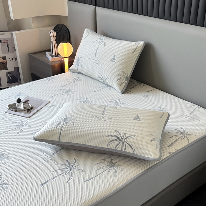 91家纺网 家纺一手货源 找家纺 子曰 2025春夏新款A类中分子430gPE聚乙烯乙纶凉豆豆凉席-床笠款 椰子树