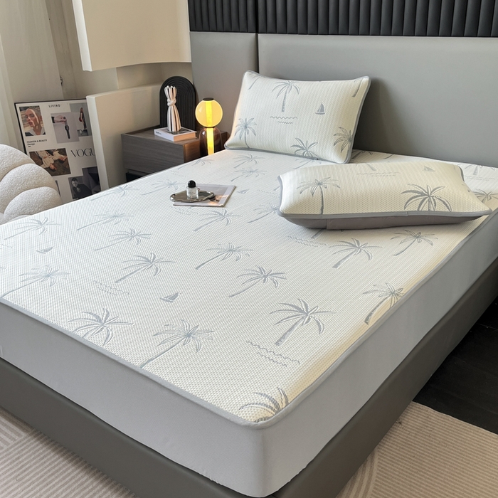 91家纺网 家纺一手货源 找家纺 子曰 2025春夏新款A类中分子430gPE聚乙烯乙纶凉豆豆凉席-床笠款 椰子树