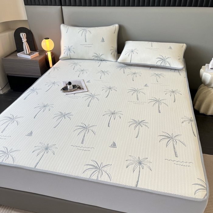 91家纺网 家纺一手货源 找家纺 子曰 2025春夏新款A类中分子430gPE聚乙烯乙纶凉豆豆凉席-床笠款 椰子树