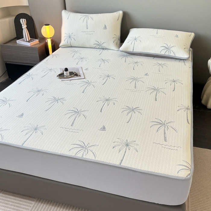 91家纺网 家纺一手货源 找家纺 子曰 2025春夏新款A类中分子430gPE聚乙烯乙纶凉豆豆凉席-床笠款 椰子树