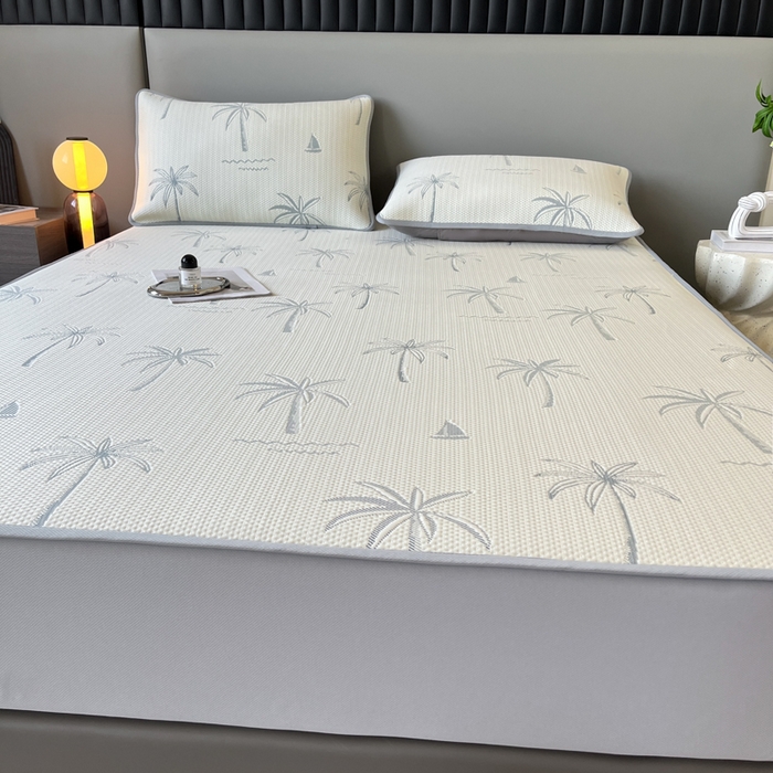 91家纺网 家纺一手货源 找家纺 子曰 2025春夏新款A类中分子430gPE聚乙烯乙纶凉豆豆凉席-床笠款 椰子树