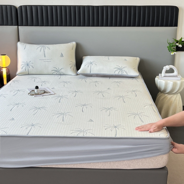 91家纺网 家纺一手货源 找家纺 子曰 2025春夏新款A类中分子430gPE聚乙烯乙纶凉豆豆凉席-床笠款 椰子树