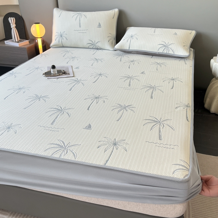 91家纺网 家纺一手货源 找家纺 子曰 2025春夏新款A类中分子430gPE聚乙烯乙纶凉豆豆凉席-床笠款 椰子树