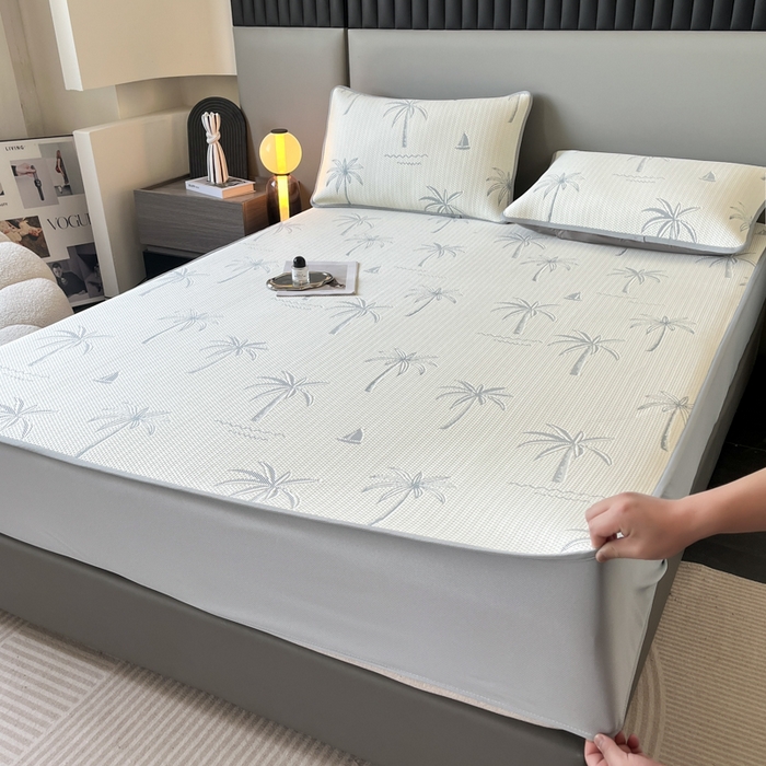 91家纺网 家纺一手货源 找家纺 子曰 2025春夏新款A类中分子430gPE聚乙烯乙纶凉豆豆凉席-床笠款 椰子树