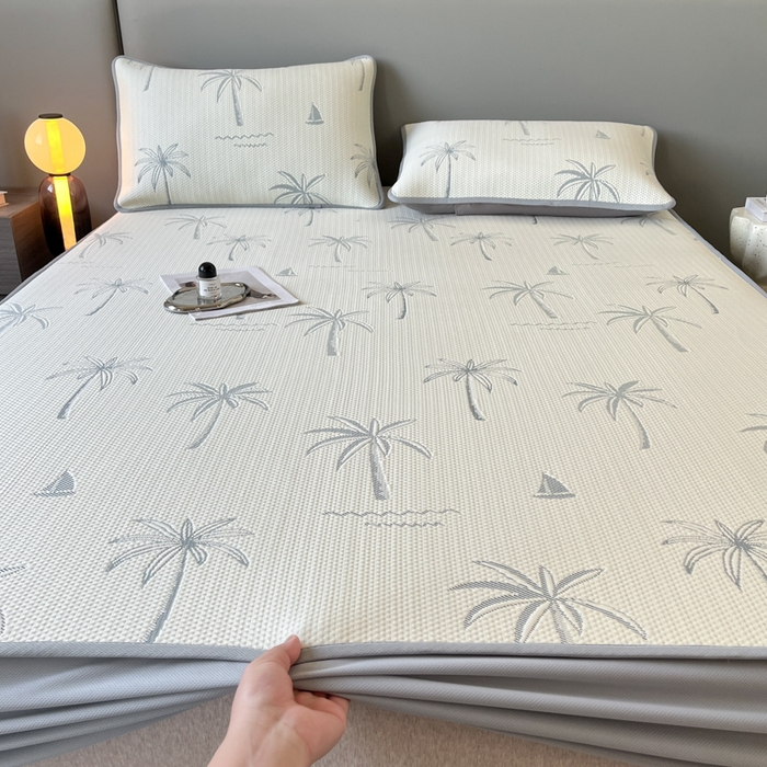 91家纺网 家纺一手货源 找家纺 子曰 2025春夏新款A类中分子430gPE聚乙烯乙纶凉豆豆凉席-床笠款 椰子树