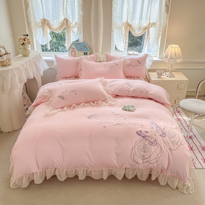 91家纺网 家纺一手货源 找家纺 凯美家居 2025新款A类水洗棉大版绣花四件套系列-蝶恋花 蝶恋花 粉玉