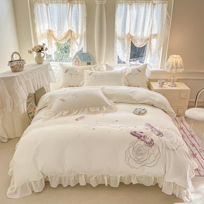 91家纺网 家纺一手货源 找家纺 凯美家居 2025新款A类水洗棉大版绣花四件套系列-蝶恋花 蝶恋花 奶白