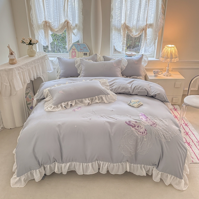 91家纺网 家纺一手货源 找家纺 凯美家居 2025新款A类水洗棉大版绣花四件套系列-蝶恋花 蝶恋花 浅灰