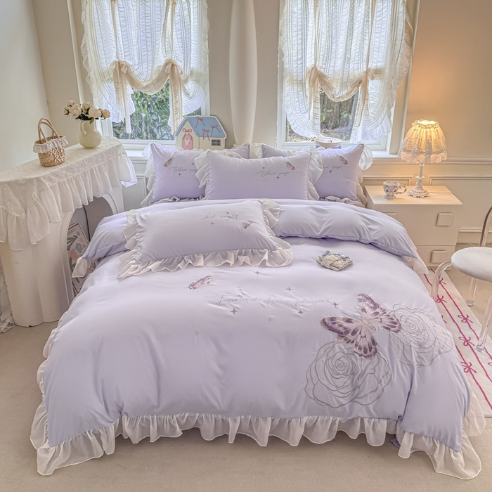 91家纺网 家纺一手货源 找家纺 凯美家居 2025新款A类水洗棉大版绣花四件套系列-蝶恋花 蝶恋花 浅紫