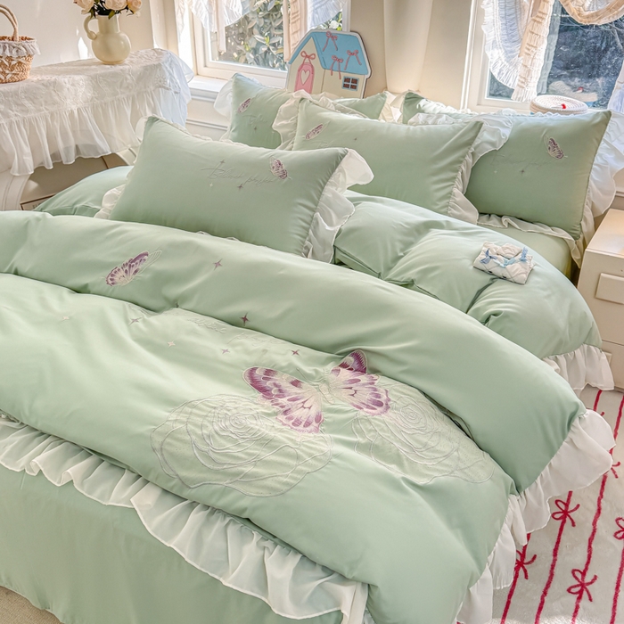 91家纺网 家纺一手货源 找家纺 凯美家居 2025新款A类水洗棉大版绣花四件套系列-蝶恋花 蝶恋花 豆绿