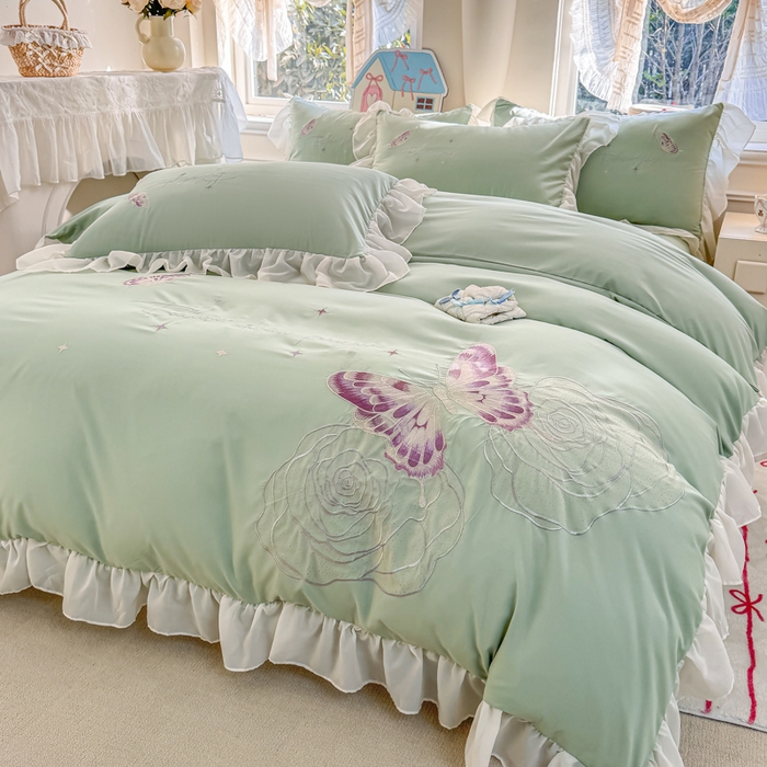 91家纺网 家纺一手货源 找家纺 凯美家居 2025新款A类水洗棉大版绣花四件套系列-蝶恋花 蝶恋花 豆绿