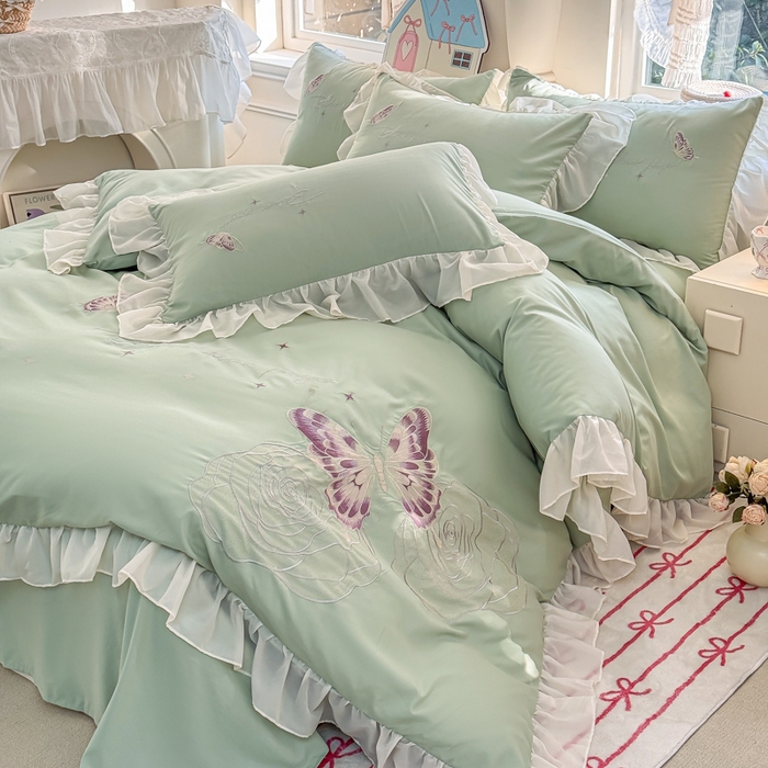 91家纺网 家纺一手货源 找家纺 凯美家居 2025新款A类水洗棉大版绣花四件套系列-蝶恋花 蝶恋花 豆绿