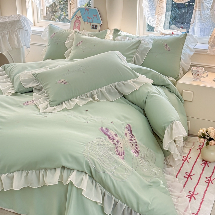 91家纺网 家纺一手货源 找家纺 凯美家居 2025新款A类水洗棉大版绣花四件套系列-蝶恋花 蝶恋花 豆绿