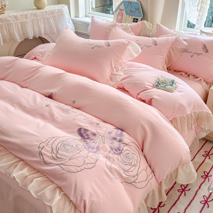 91家纺网 家纺一手货源 找家纺 凯美家居 2025新款A类水洗棉大版绣花四件套系列-蝶恋花 蝶恋花 粉玉