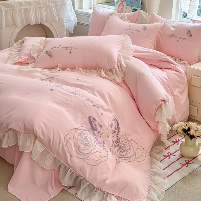 91家纺网 家纺一手货源 找家纺 凯美家居 2025新款A类水洗棉大版绣花四件套系列-蝶恋花 蝶恋花 粉玉