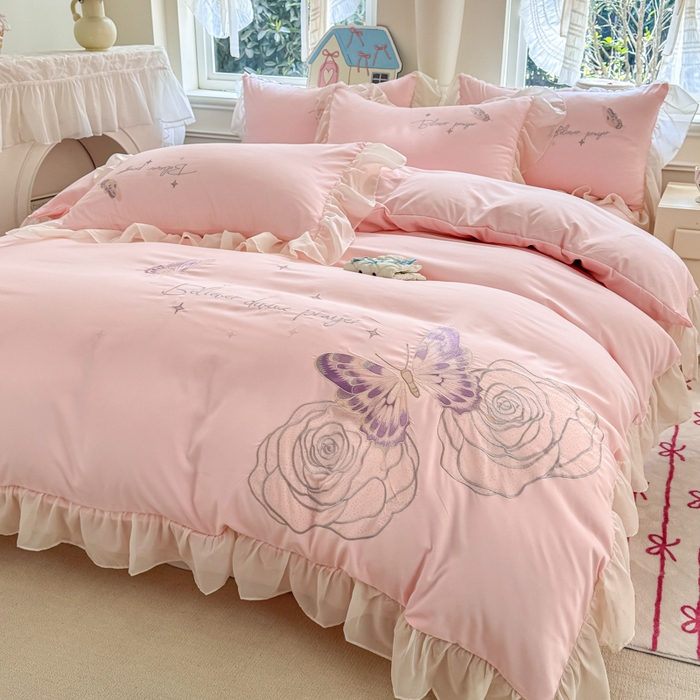 91家纺网 家纺一手货源 找家纺 凯美家居 2025新款A类水洗棉大版绣花四件套系列-蝶恋花 蝶恋花 粉玉