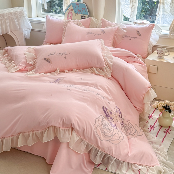 91家纺网 家纺一手货源 找家纺 凯美家居 2025新款A类水洗棉大版绣花四件套系列-蝶恋花 蝶恋花 粉玉