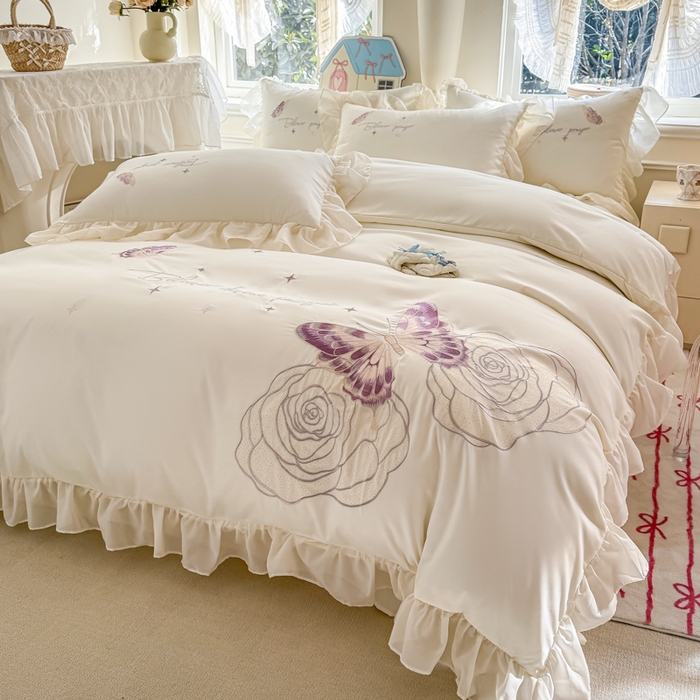 91家纺网 家纺一手货源 找家纺 凯美家居 2025新款A类水洗棉大版绣花四件套系列-蝶恋花 蝶恋花 奶白